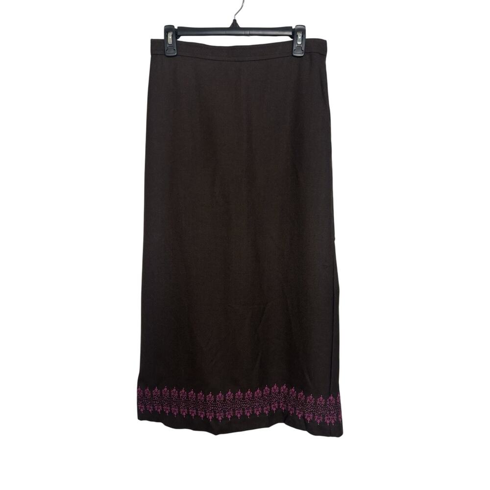 Vtg 90s Ann Taylor Chocolate Brown Wool Blend Maxi Embroidered Hem Skirt 8